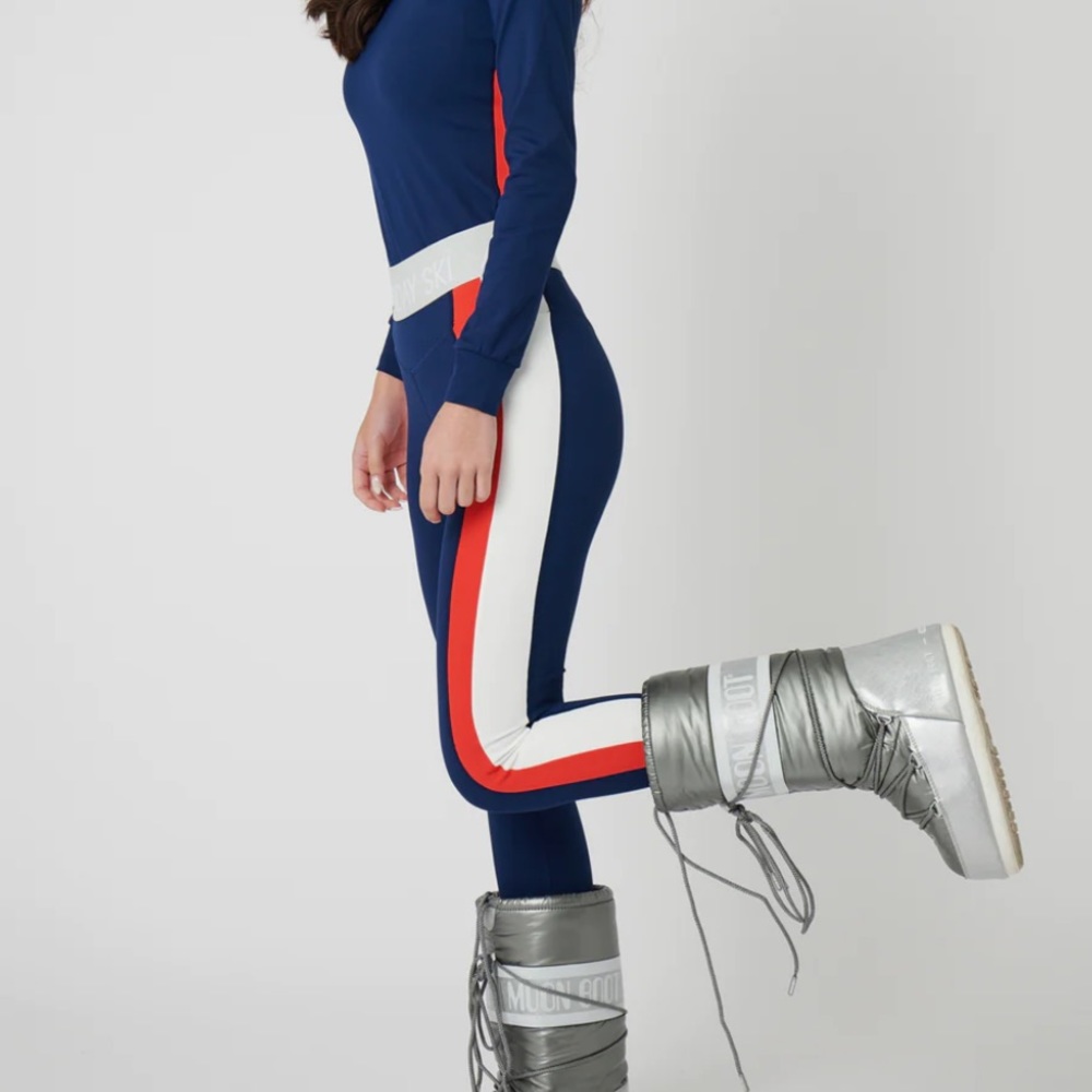 Stylish Blue Leggings with Red and White Stripes